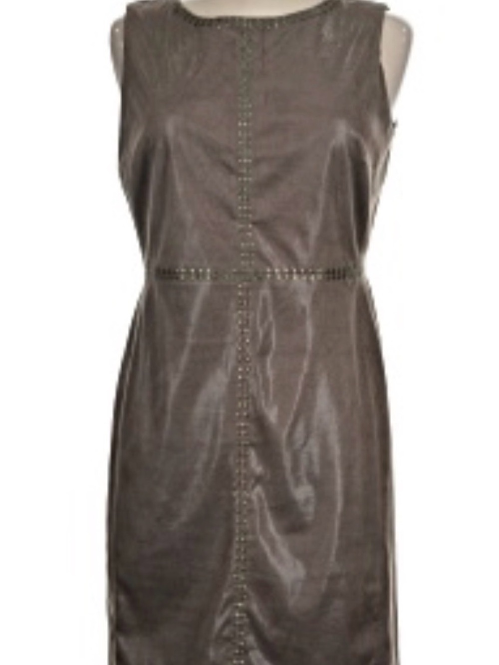 Faux Leather Midi Sheath Dress in Brown with Stud Detail
